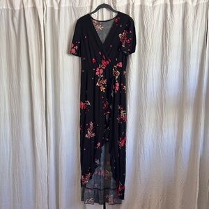 SHEIN Black Floral High-Low Wrap Maxi Dress with Pink Accents